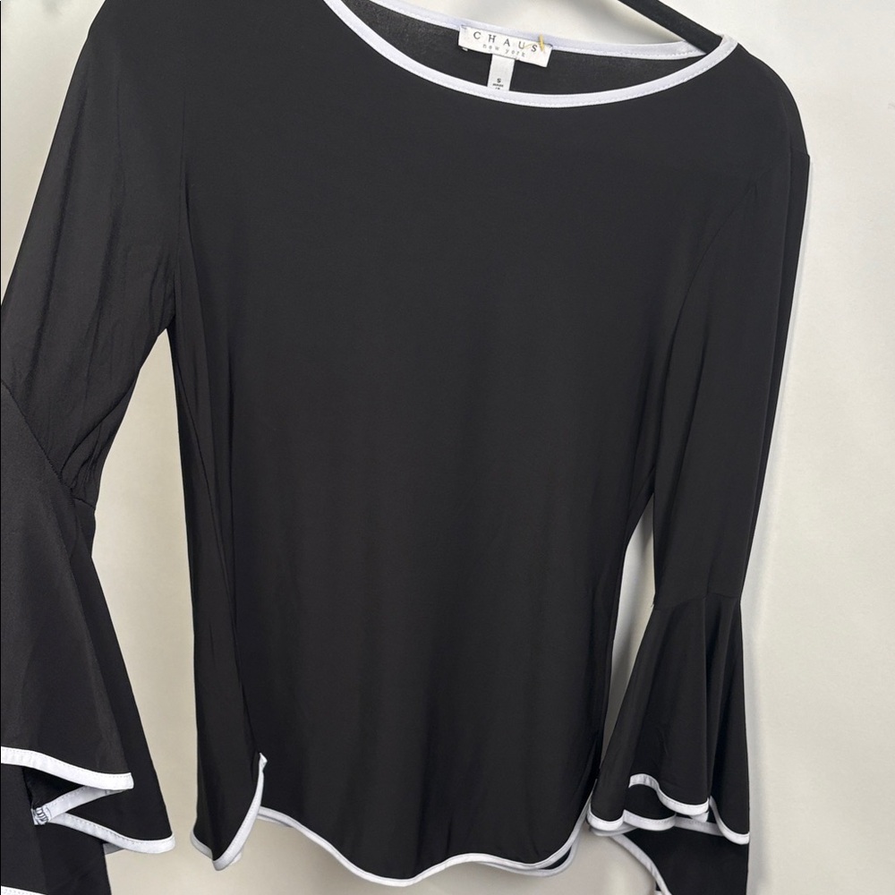 Chaus Black Blouse with White Accents and Flared Sleeves